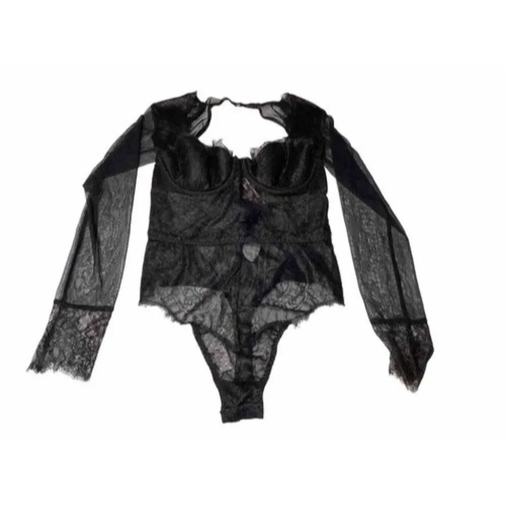 Victoria Secret Black Lingerie One Piece Long Sleeve Body Suit Lace 34b / 170 - Picture 2 of 9